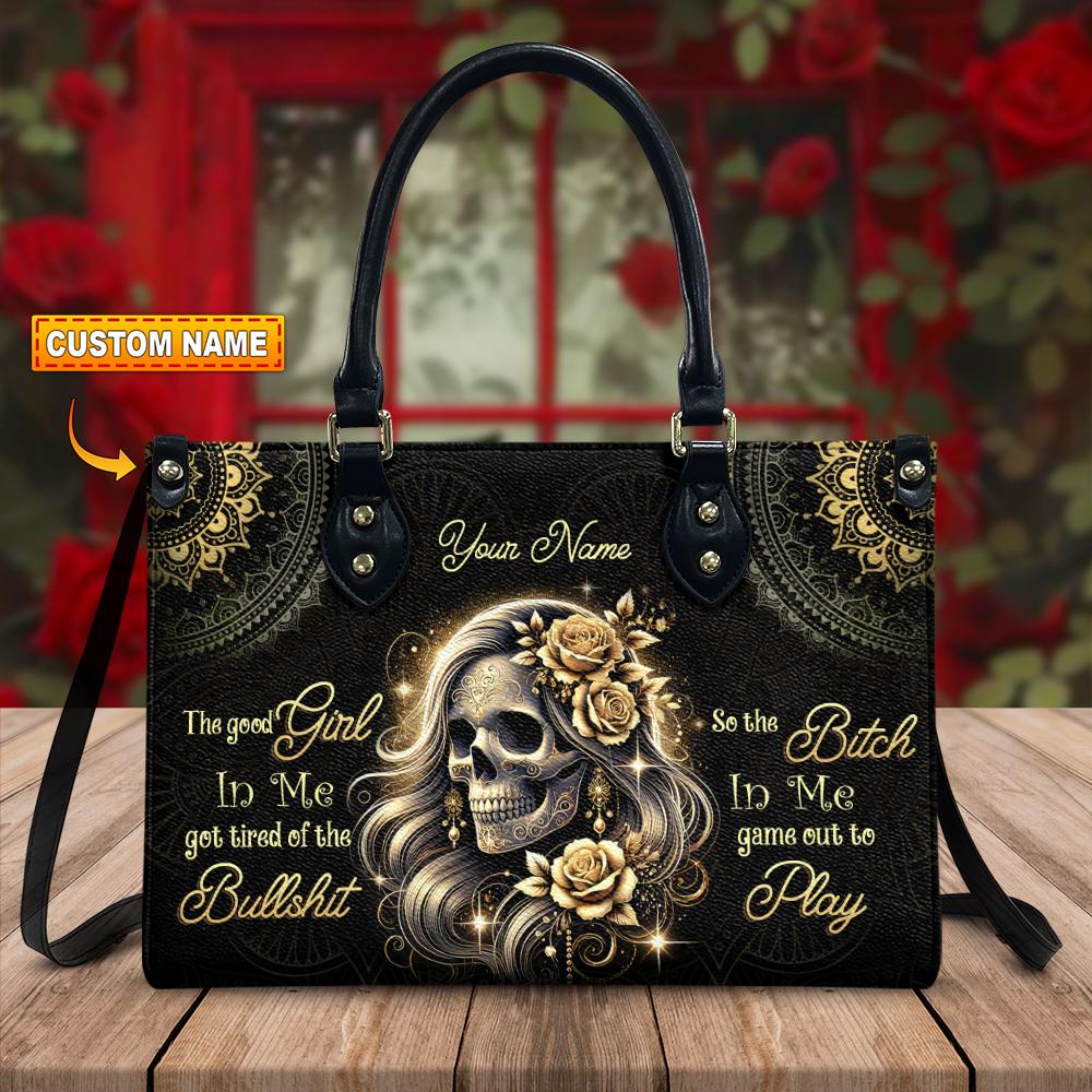 Custom Name Handbag, Skull Lady Evil Personalized Leather Handbag