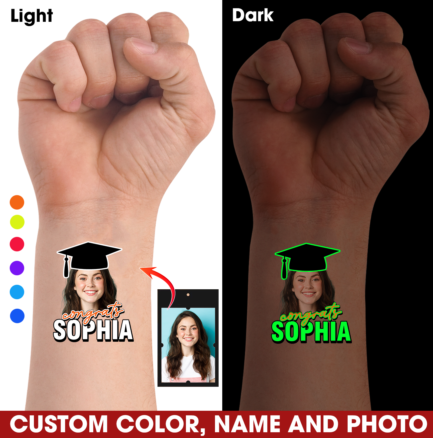 Congrats Custom Luminous Tattoo With Personalized Photo And Name, Fake Tattoo, Graduation Gift, Night Lighting Tattoo