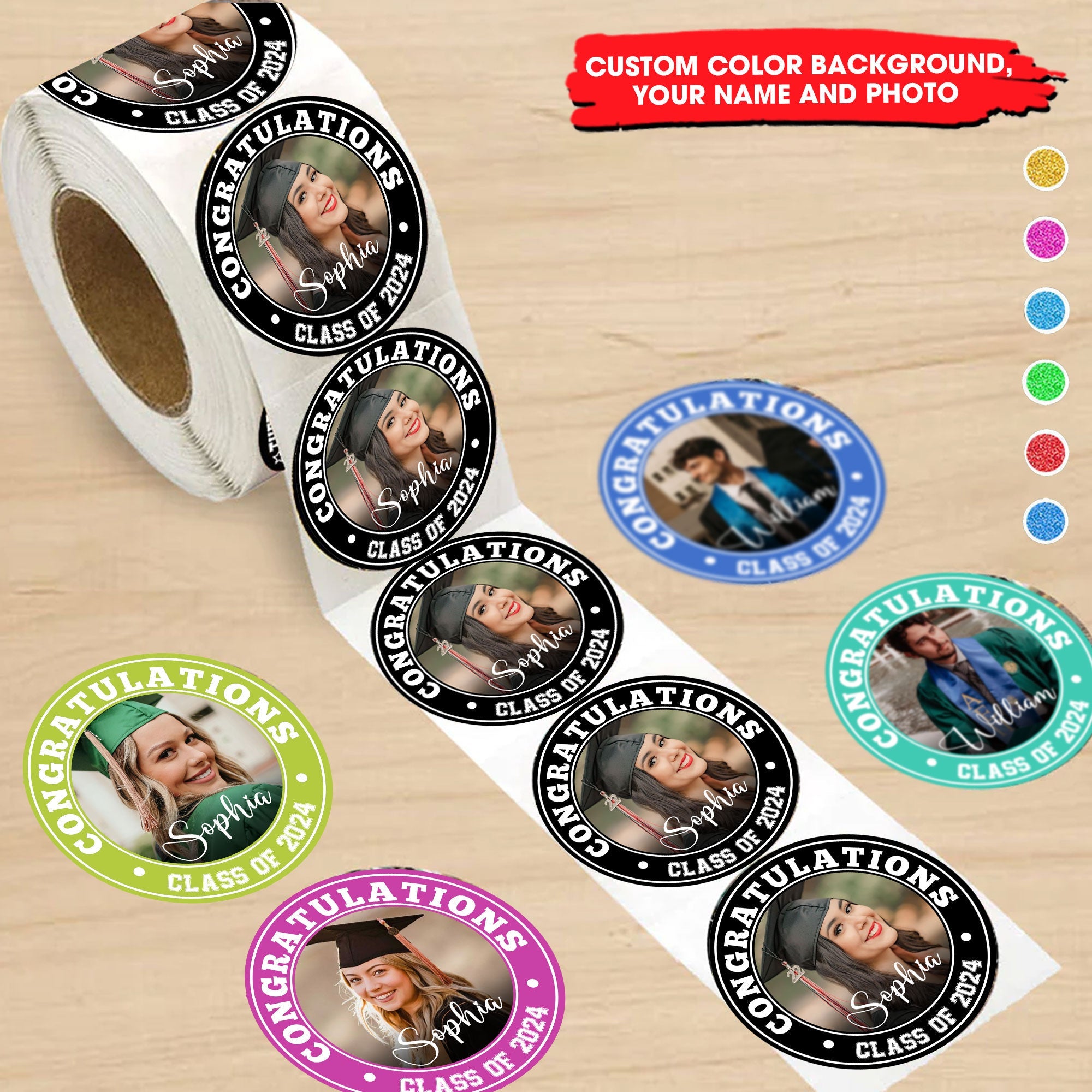 Congratulations Class Of 2024 Circle Stickers - Custom Photo And Text - Personalized Circle Sticker, Gift For Graduation