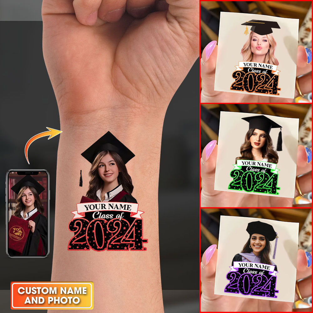 Class Of 2024, Custom Your Photo And Your Name Temporary Tattoo, Personalized Photo And Name, Fake Tattoo, Graduation Gift