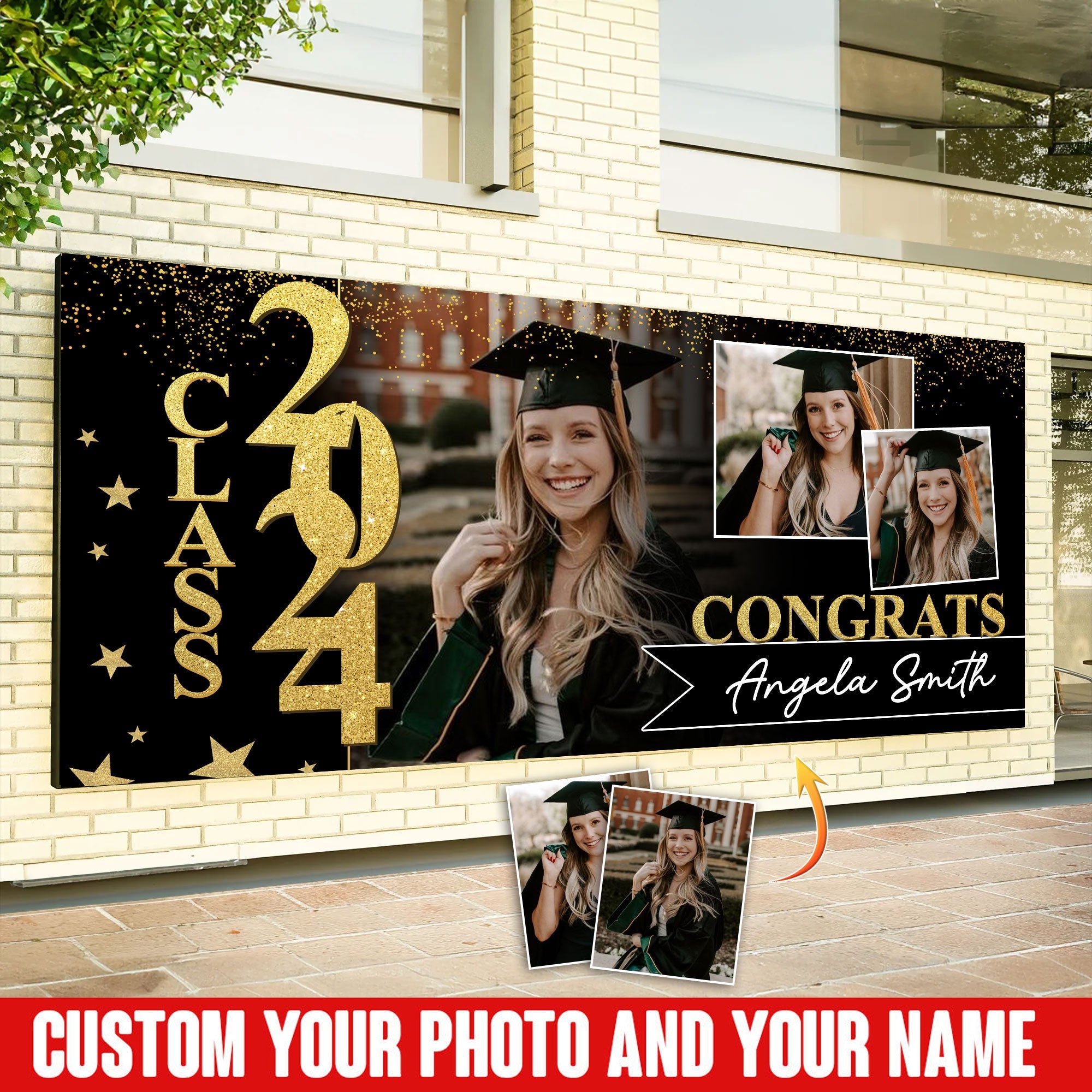 Congrats Class Of 2024 - Personalized Background Color, Your 3 Photo And Name Single Garage, Garage Door Banner Covers - Banner Decorations