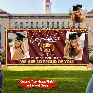 Congrats Class Of 2024- Personalized 2 Photos And Texts Graduated Banner - Decoration Gifts