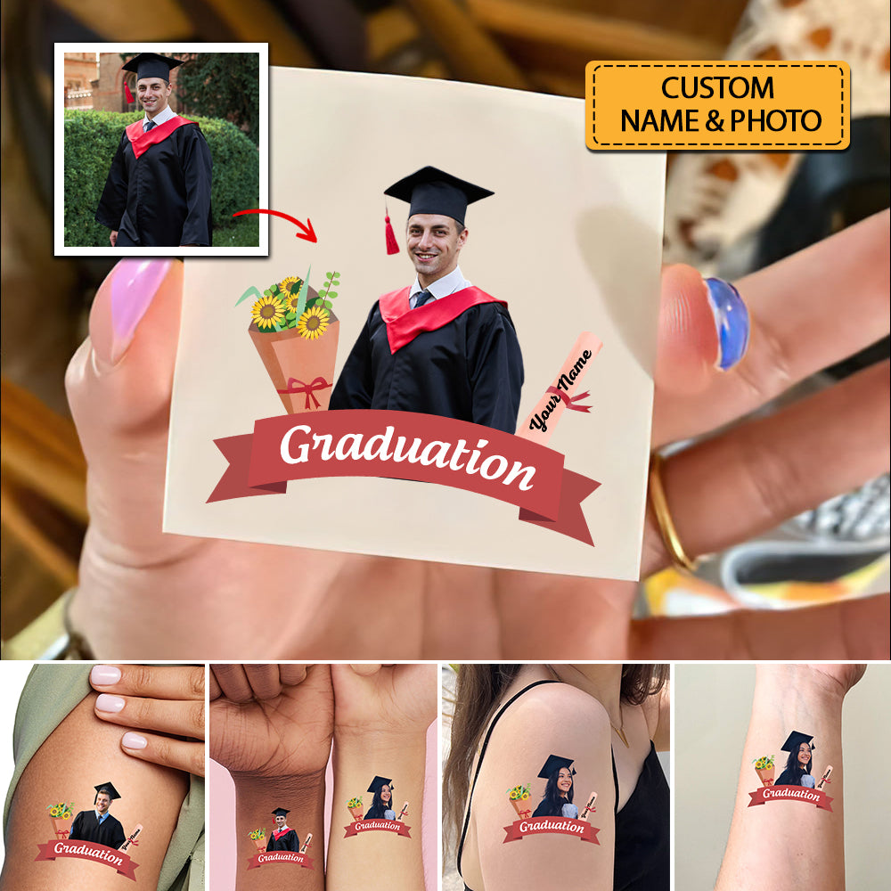 Graduation Flower, Custom Your Photo And Name Temporary Tattoo, Personalized Photo And Name, Fake Tattoo, Graduation Gift