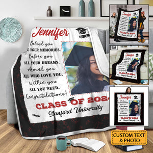 Behind You All Your Memories, Personalized Photo And Texts - Personalized Fleece Blanket, Graduation Gift