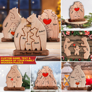 Dad, Mom And Kid Bear, Personalized Bear Family Name Puzzle Wooden Add Base - Wooden Pet Carvings, Gift For Family