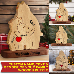 Dad, Mom And Kid Bear, Personalized Bear Family Name Puzzle Wooden Add Base - Wooden Pet Carvings, Gift For Family