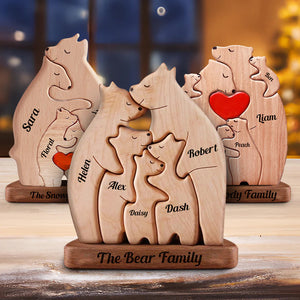 Dad, Mom And Kid Bear, Personalized Bear Family Name Puzzle Wooden Add Base - Wooden Pet Carvings, Gift For Family