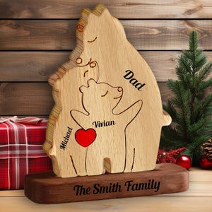 Dad, Mom And Kid Bear, Personalized Bear Family Name Puzzle Wooden Add Base - Wooden Pet Carvings, Gift For Family