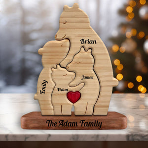 Dad, Mom And Kid Bear, Personalized Bear Family Name Puzzle Wooden Add Base - Wooden Pet Carvings, Gift For Family