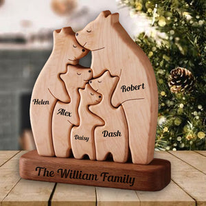 Dad, Mom And Kid Bear, Personalized Bear Family Name Puzzle Wooden Add Base - Wooden Pet Carvings, Gift For Family