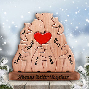 Dad, Mom And Kid Bear, Personalized Bear Family Name Puzzle Wooden Add Base - Wooden Pet Carvings, Gift For Family