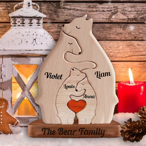 Dad, Mom And Kid Bear, Personalized Bear Family Name Puzzle Wooden Add Base - Wooden Pet Carvings, Gift For Family