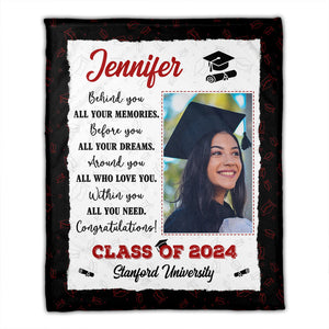 Behind You All Your Memories, Personalized Photo And Texts - Personalized Fleece Blanket, Graduation Gift