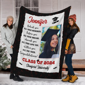 Behind You All Your Memories, Personalized Photo And Texts - Personalized Fleece Blanket, Graduation Gift