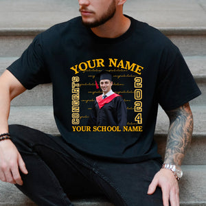 Congrats 2024 Yellow Line, Custom Photo And Texts - Gift For Graduation - Personalized T-Shirt