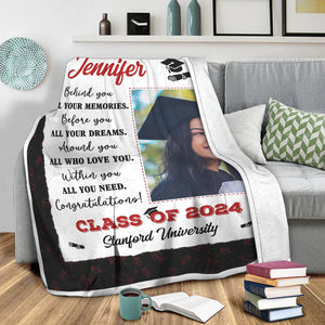 Behind You All Your Memories, Personalized Photo And Texts - Personalized Fleece Blanket, Graduation Gift