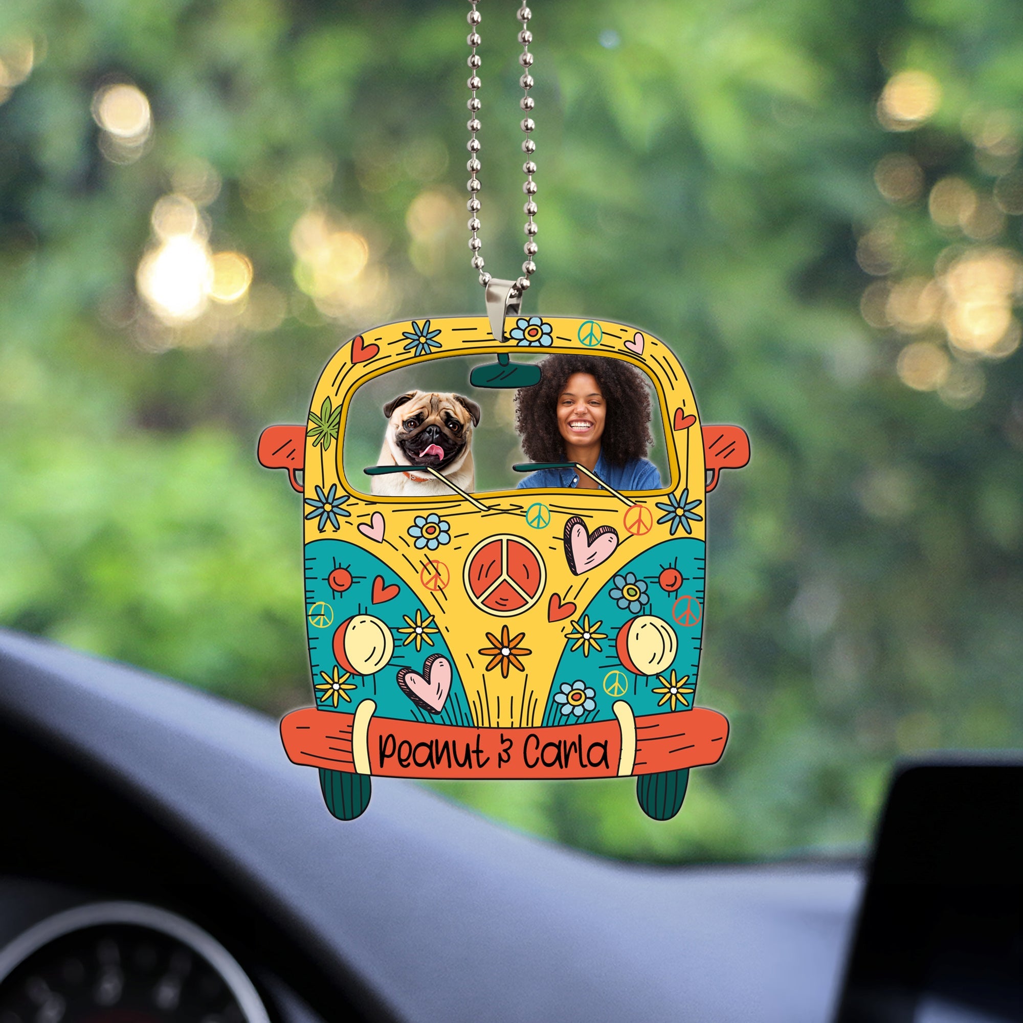 Pet Hippie Bus Car, Acrylic Ornament, Custom Name and Photo