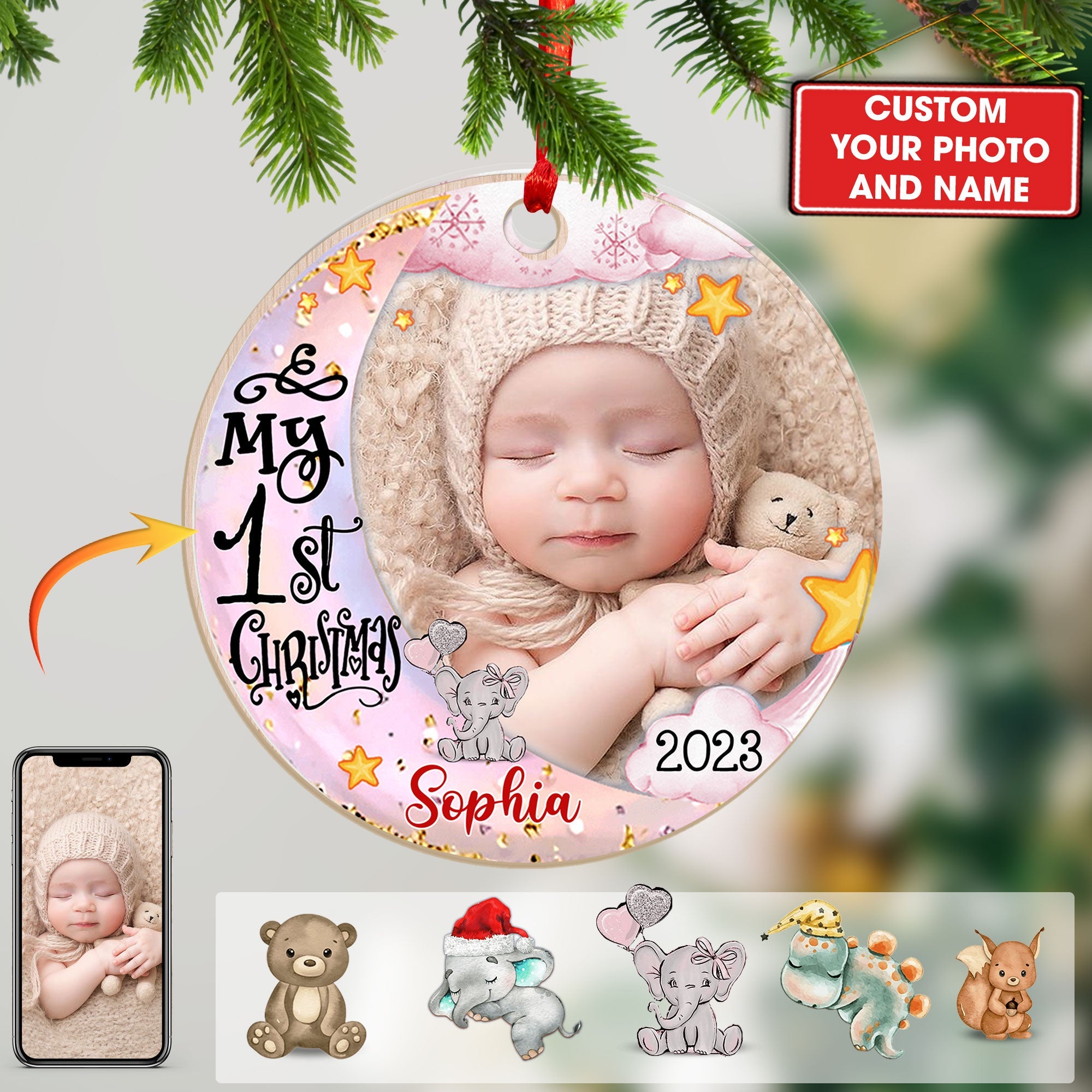 My First Christmas - Personalized Custom Shaped Wooden Ornament - Gift For Baby