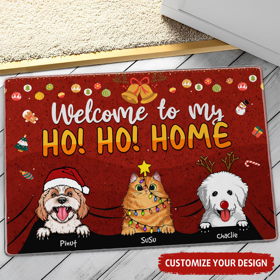 Welcome To My Ho Ho Home  - Custom Pets And Names - Personalized Doormat - Pet Lover Gift, Christmas Decor