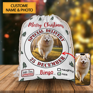 Merry Christmas Special Delivery 25 December - Custom Photo And Name, Personalized String Bag, Gift For Pet Lover, Christmas Gift