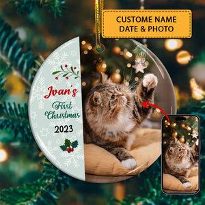 Merry First Christmas - Personalized Photo And Name Ceramic Ornament - Gift For Christmas, Gift For Pet Lover, Gift For Family