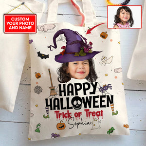 Happy Halloween - Trick Or Treat - Custom Photo And Name - Personalized Tote Bag, Halloween Gift