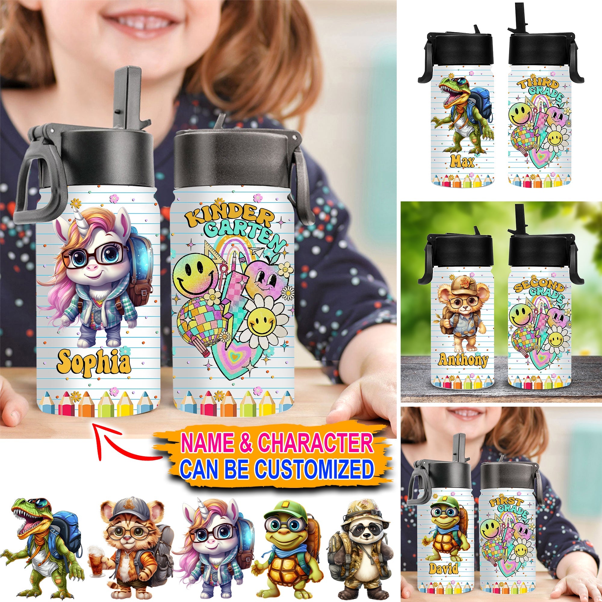 Animal Back To School - Custom Appearance, Grades And Name - Personalized Kids Water Bottle With Straw Lid