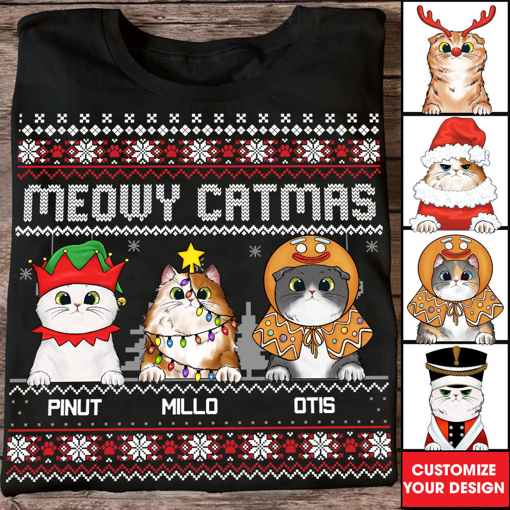 Meowy Catmas Funny Cartoon Style - Christmas Gift For Cat Lovers - Personalized T-Shirt