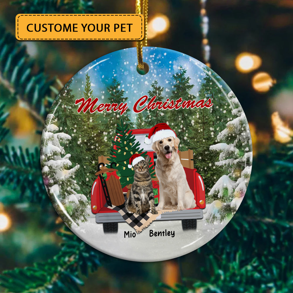 Merry Christmas Dog Cat, Custom Photo And Name- Personalized Ceramic Ornament - Gift For Christmas, Gift For Pet Lover