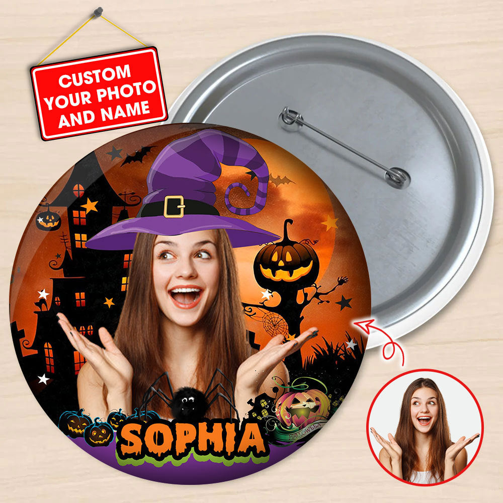 Custom Photo And Name - Personalized Halloween Pin Button Badge, Halloween Gift