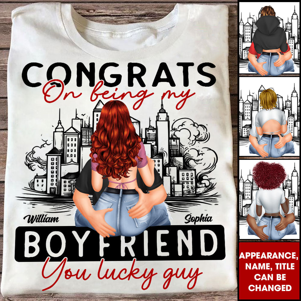 Congrats On Being My Man You Lucky Guy - Custom Appearance And Name - Personalized T-Shirt - Gift For Couple, Family Gift