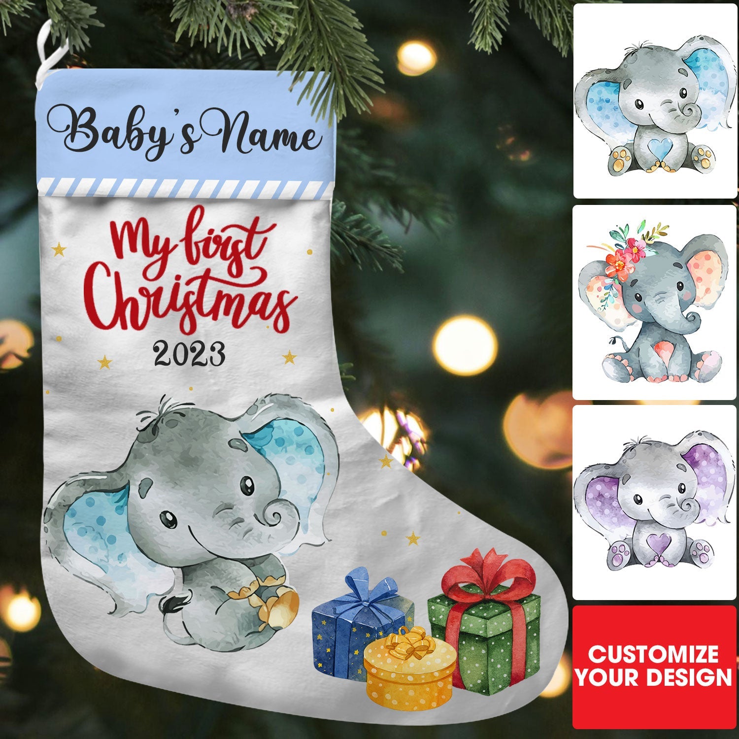 Elephant Baby First Christmas - Personalized Christmas Socking Decoration - Christmas Gift