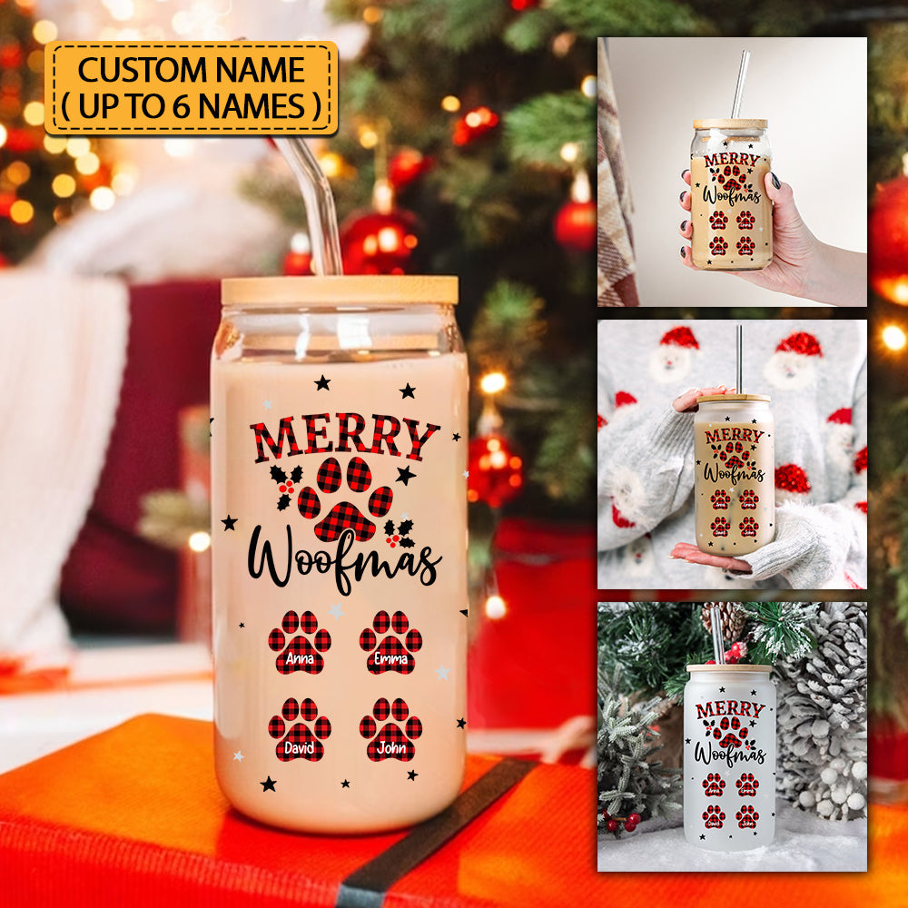 Merry Woofmas Caro Pattern - Custom Names - Personalized Glass Bottle, Frosted Bottle