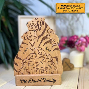 Man, Woman Couple Gift, Dad, Mom And Kids, Personalized Tiger Puzzle Wooden - Wooden Pet Carvings - Gift For Family