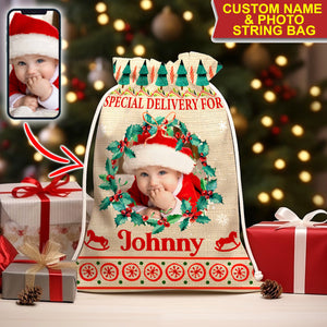 Special Delivery For Kid - Personalized Photo And Name String Bag, Christmas Gift, Gift For Family