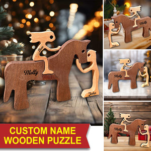 Man, Woman With Horse, Personalized Puzzle Wooden - Wooden Pet Carvings - Gift For Family, Gift For Pet Lover