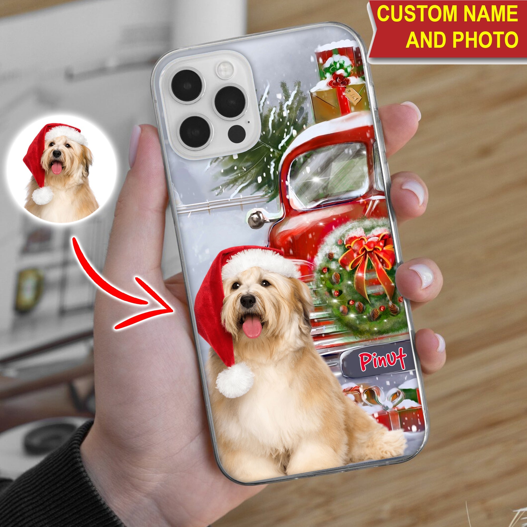 Xmas Pet Photo And Car - Custom Photo And Name - Personalized Phone Case, Gift For Pet Lover, Christmas Gift