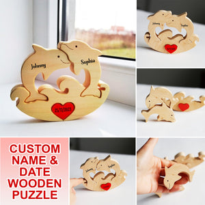 Man, Woman Couple Gift, Personalized Dolphin Puzzle Wooden - Wooden Pet Carvings - Gift For Family