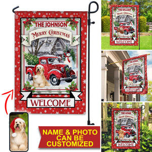 Merry Christmas Pet With Red Car - Custom Pet Photo And Name Flag - Christmas Gift, Gift For Pet Lovers