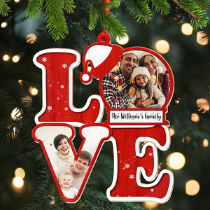 L.O.V.E For Christmas, Custom Photo And Family Name - Personalized Custom Shaped Wooden Ornament - Gift For Family