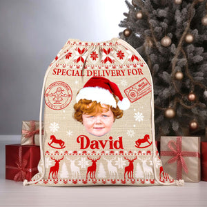 Special Delivery For Kid - Personalized Head Photo And Name String Bag, Christmas Gift, Gift For Family