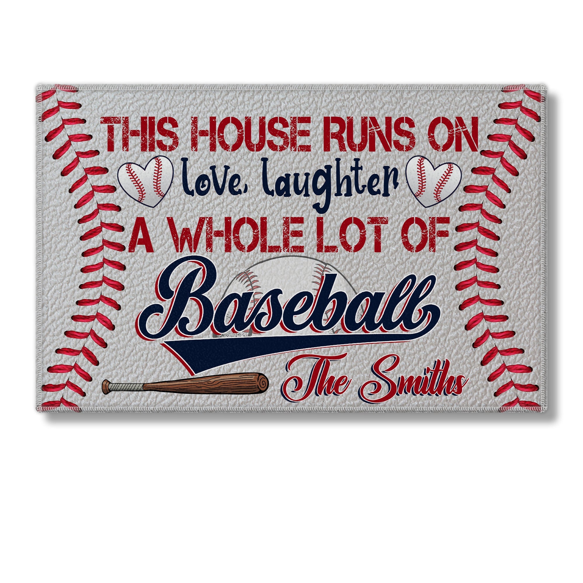 This House Runs On - Love, Laughter - A Whole Lot Of Baseball, Personalized Baseball Doormat, Home Decor For Baseball Lovers