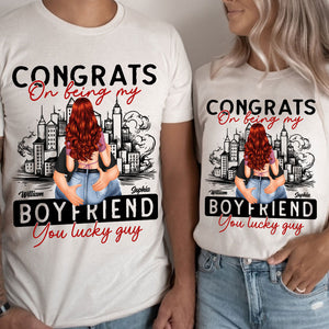 Congrats On Being My Man You Lucky Guy - Custom Appearance And Name - Personalized T-Shirt - Gift For Couple, Family Gift