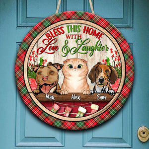 Bless This Home With Love and Laughter - Custom Pet And Name - Personalized Wooden Door Sign - Pet Lover Gift