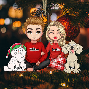 Couple Sitting With Christmas Pet, Custom Appearances And Names - Christmas Gift For Couple - Personalized Acrylic Ornament