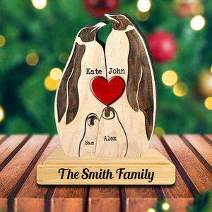 Man, Woman Couple Gift, Dad, Mom And Kids, Personalized Penguin Couple Puzzle Wooden - Wooden Pet Carvings - Gift For Family