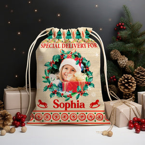 Special Delivery For Kid - Personalized Photo And Name String Bag, Christmas Gift, Gift For Family