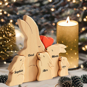 Personalized Rabbit Family Puzzle Wooden Add Base - Wooden Pet Carvings, Gift For Family, Gift For Couple