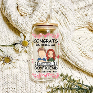 Congrats On Being My Boyfriend - Custom Appearance And Names - Personalized Glass Bottle, Frosted Bottle, Gift For Couple