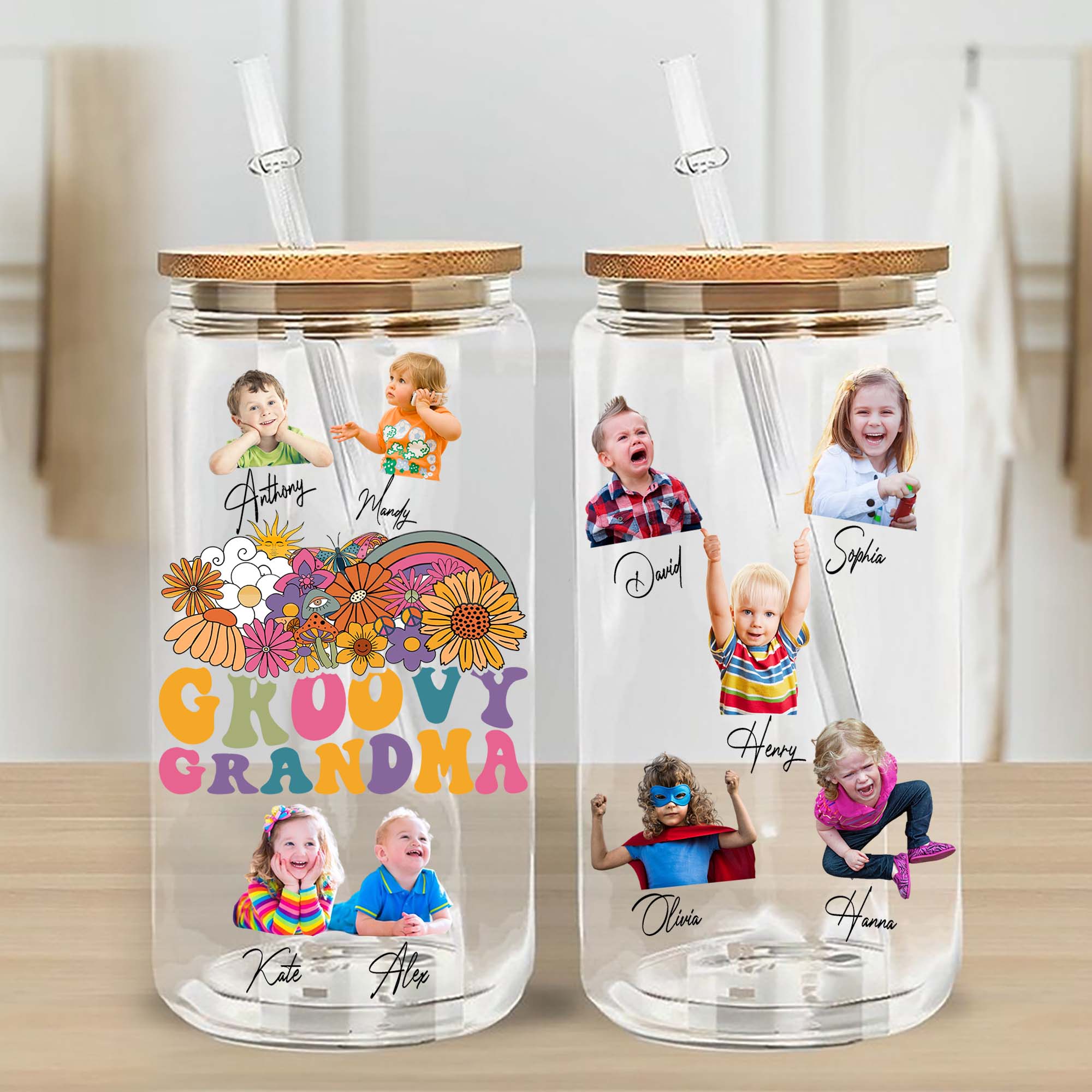 Groovy Grandma  - Custom Photo And Name - Personalized Glass Bottle, Frosted Bottle - Family Gift